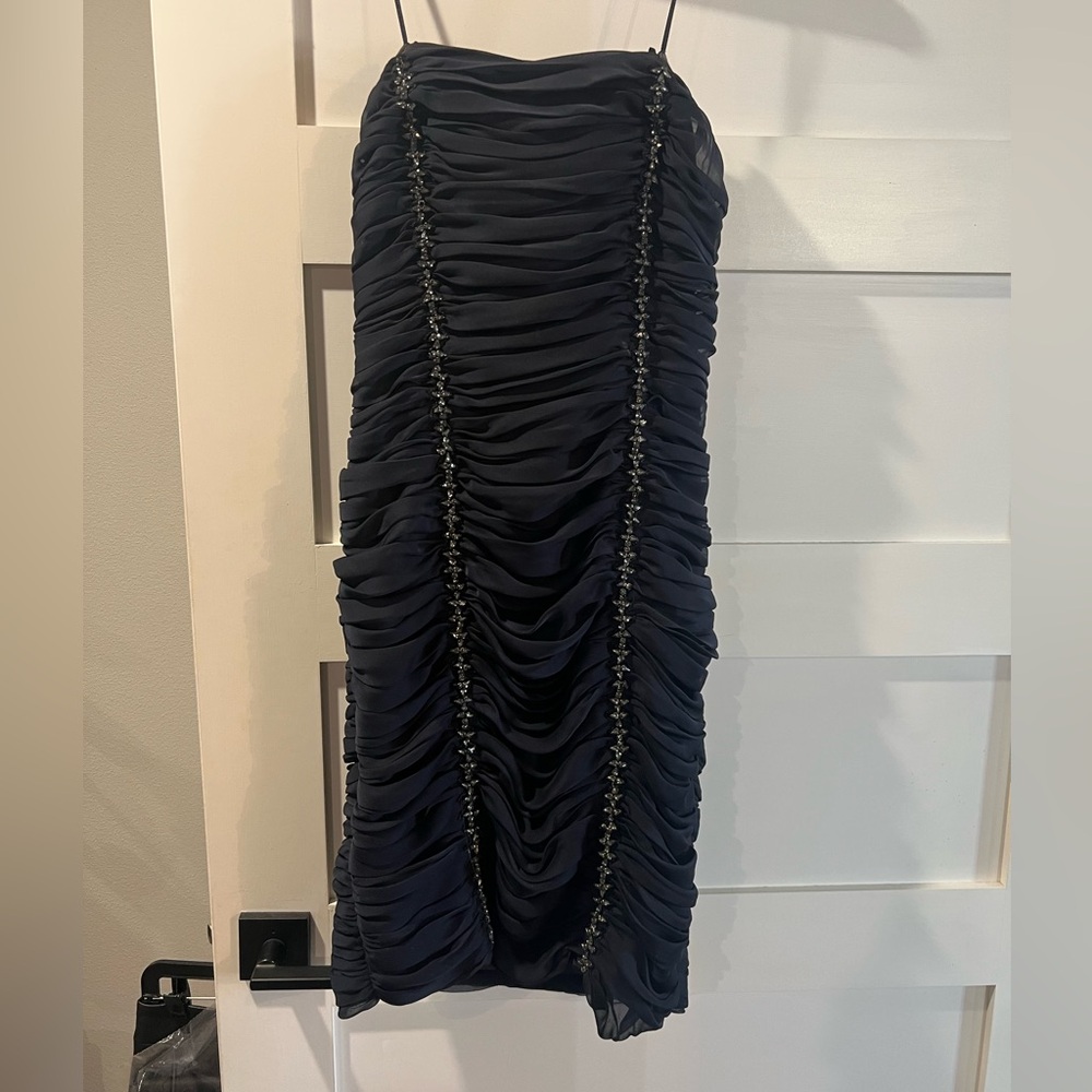 Strapless JS Collection dress in Navy with  sequins rows down the front, size 4.